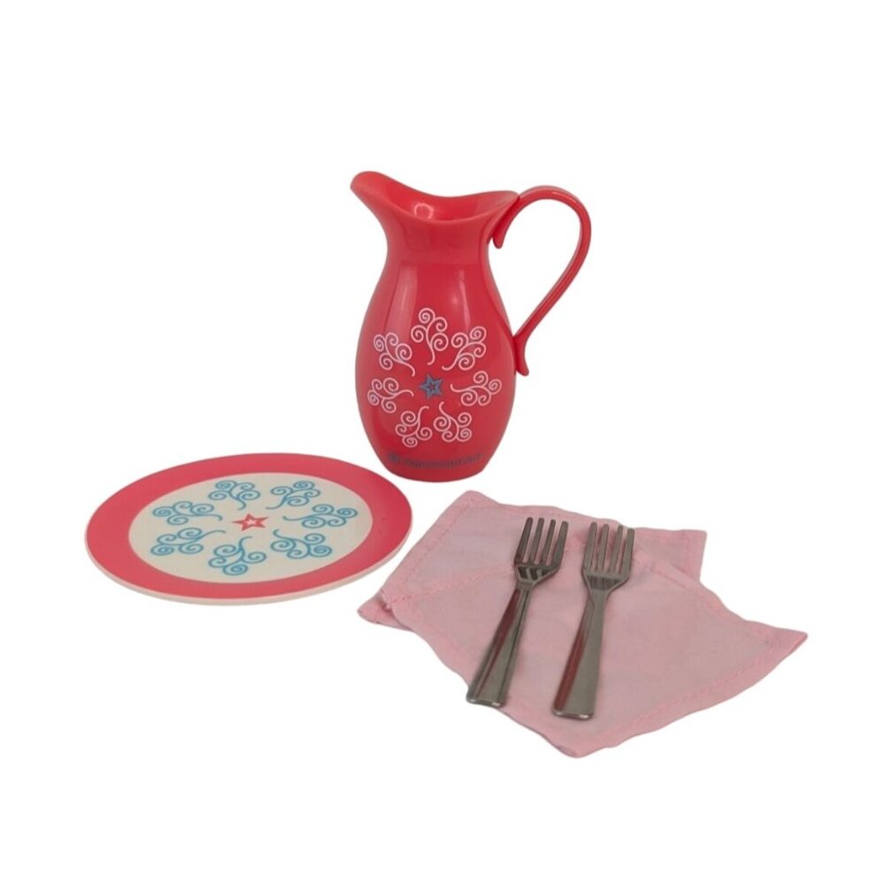 American‎ Girl 2017 Coral Pitcher Plate Napkins Forks for Table & Chairs Set